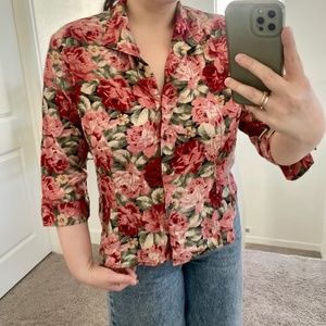 Tapestry Floral Vintage Button Down Rose Hipster Hippie Artsy Boho Hip Blouse